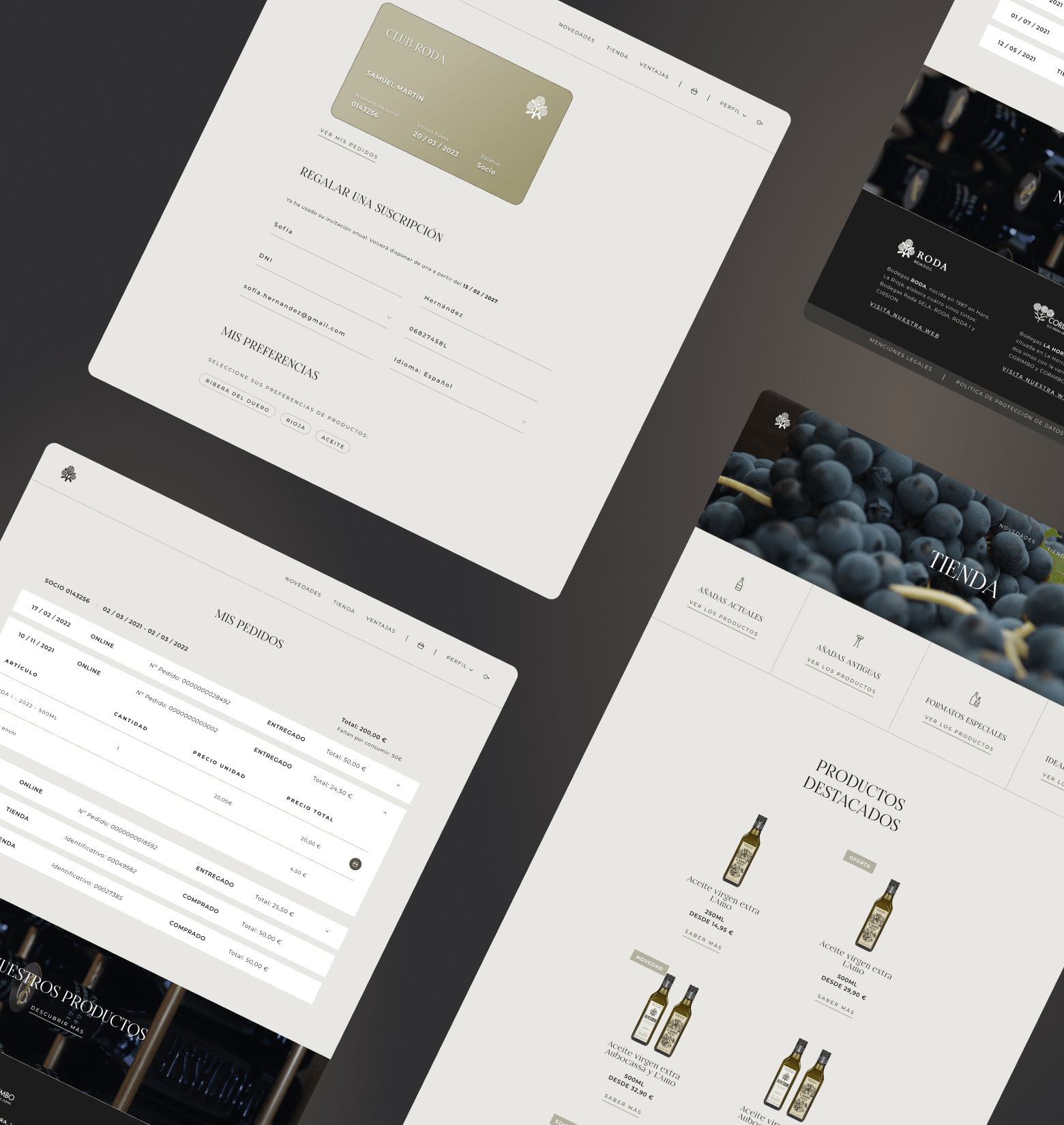 Image of the Bodegas Roda Club showing multiple screens with the design system applied